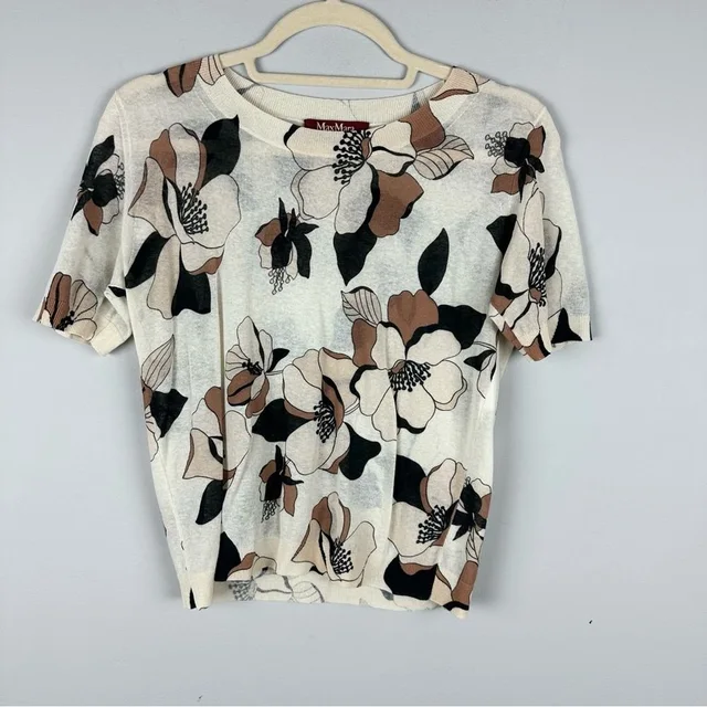 Max Mara Floral Knit Short Sleeve Top Neutral Print Cream Sweater Tee Size S in black from Poshmark