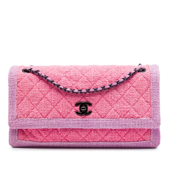 Pink Chanel CC Quilted Tweed Accordion Flap Shoulder Bag in Pink Tweed from Designer Revival