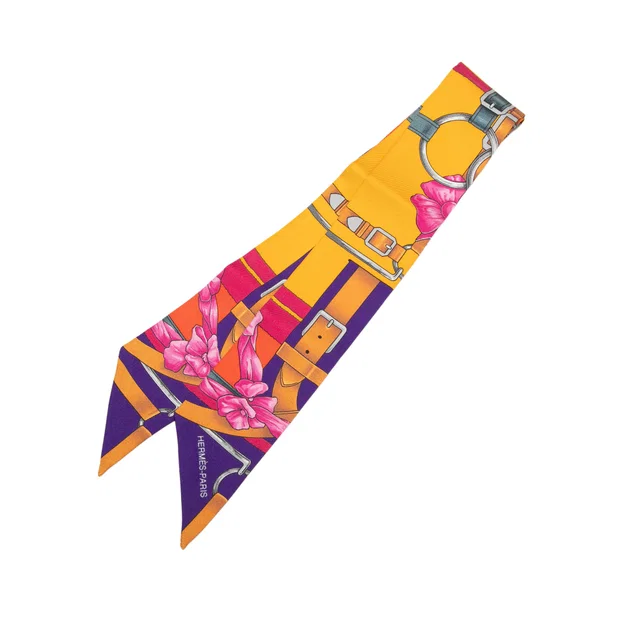 Yellow Hermès Grand Manege Fleuri Silk Twilly Scarf Scarves in Yellow Silk from Designer Revival