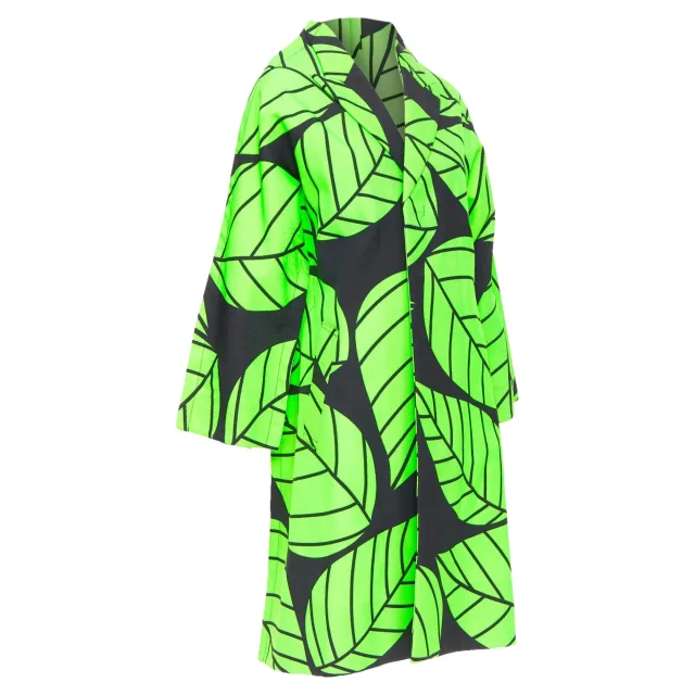 Comme des Garcons leaf print 2D oversized structured canvas coat in green, photo 3 of 6 from ShopSimon