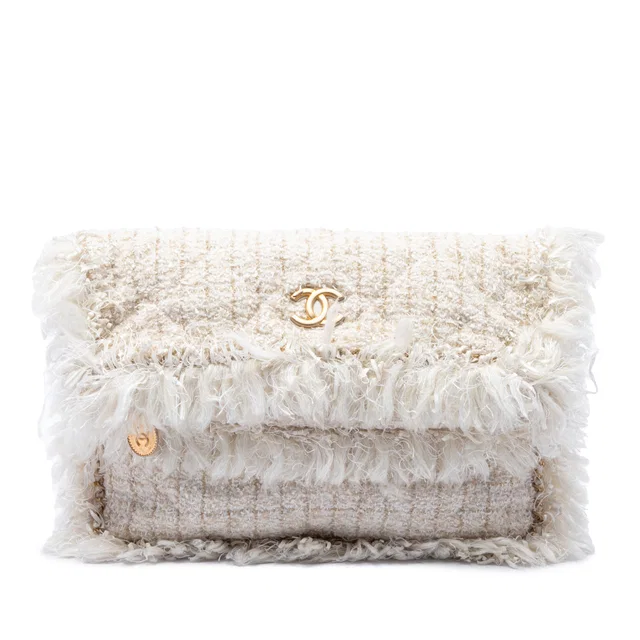 Brown Chanel Paris Cosmopolite Tweed Fringe Clutch in Brown Tweed from Designer Revival