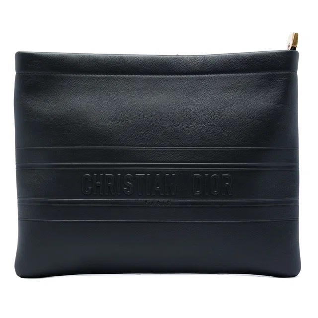 Black Dior Embossed Calfskin Logo Zip Clutch in Black Calfskin from Designer Revival