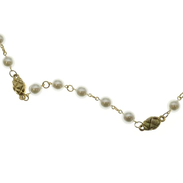 Chanel Quilted Faux Pearl Long Necklace Pendant White Gold in White from The Reluxe