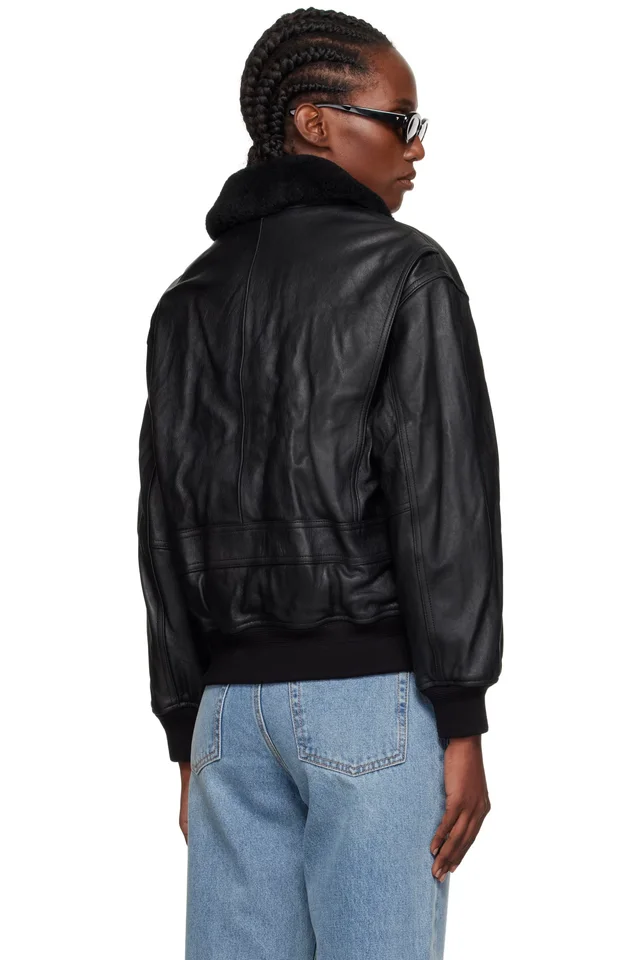 Dunst Black A-2 Shearling Collared Leather Jacket, photo 3 of 4 from SSENSE