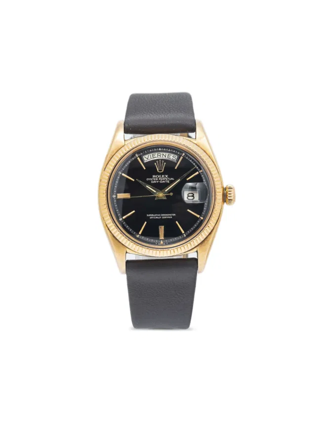Rolex pre-owned Day-Date 36mm - men - 18kt Rose Gold/Leather - One Size - Black in black Leather from Farfetch