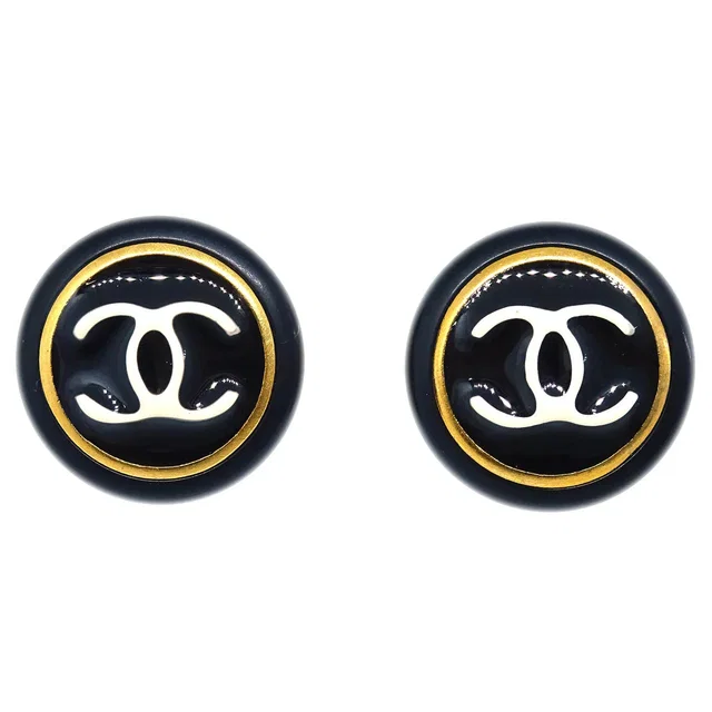 Chanel Black Button Earrings Clip-On 96A in Black Resin from AMORE Vintage Tokyo