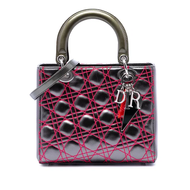 Silver Dior Anselm Reyle Medium Metallic Lambskin Cannage Lady Dior Satchel in Silver Lambskin from Designer Revival