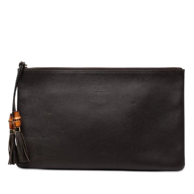 Brown Gucci Calfskin Bamboo Tassel Clutch in Brown Calfskin from Designer Revival