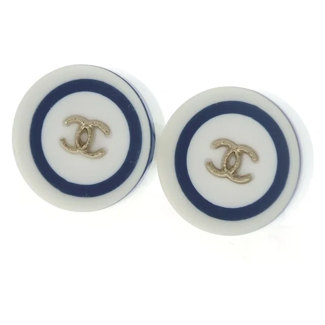 Chanel CC Logo Plastic Round Earrings 10C White Blue in White from The Reluxe