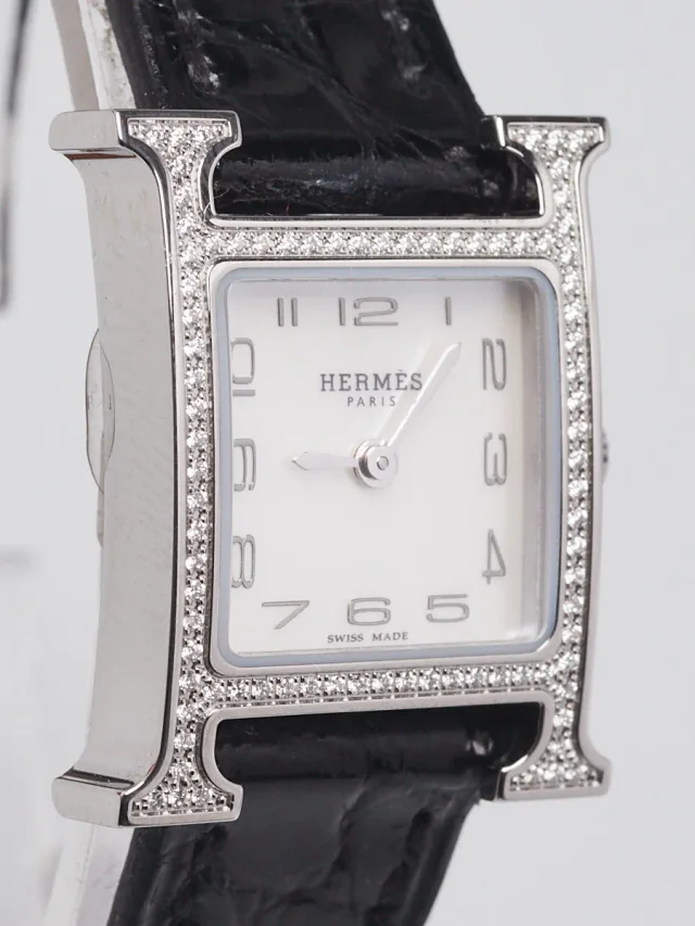 Hermès 21mm Diamond and Black Alligator H Heure Mini Model Quartz Watch-HH1.131 in Black Crocodile from Yoogis, photo 4 of 14