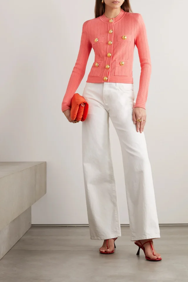 Balmain Button-Embellished Pointelle-Knit Cardigan in Coral, photo 2 of 4 from THE OUTNET