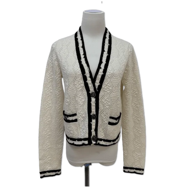 Chanel Cream Cable-Knit Black Fringed-Trim Cardigan Sweater size 38 in Black from Luxury Promise