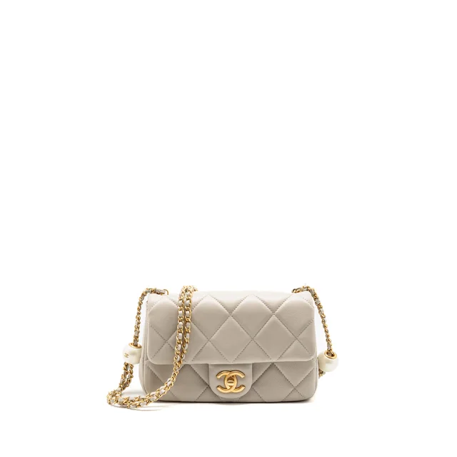 Chanel 24s pearl adjustable chain rectangular flap bag lambskin light grey GHW (microchip) in Grey Lambskin from EMIER