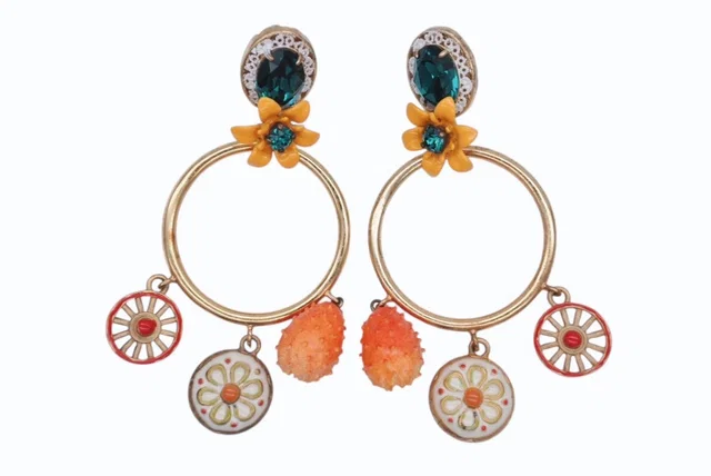 Dolce & Gabbana Earrings Flower Motif Orange Multicolor Gold in Orange from The Reluxe