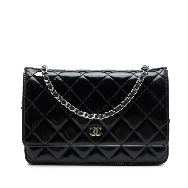 Black Chanel CC Quilted Patent Wallet On Chain Crossbody Bag in Black Patent leather from Designer Revival