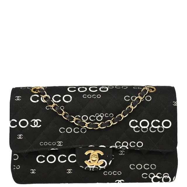 Chanel 2001-2003 Black Canvas COCO Medium Classic Double Flap Shoulder Bag in Black Canvas from AMORE Vintage Tokyo