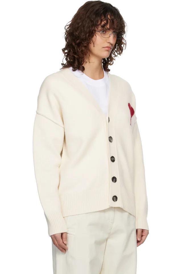 AMI Paris Off-White Wool Ami de Coeur Cardigan, photo 2 of 4 from SSENSE