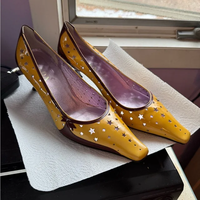 Prada Patent Leather Cutout Stars Yellow & Maroon Women's Heel Eu 39.5 Us 9-.5 in brown|red|yellow Patent leather from Poshmark