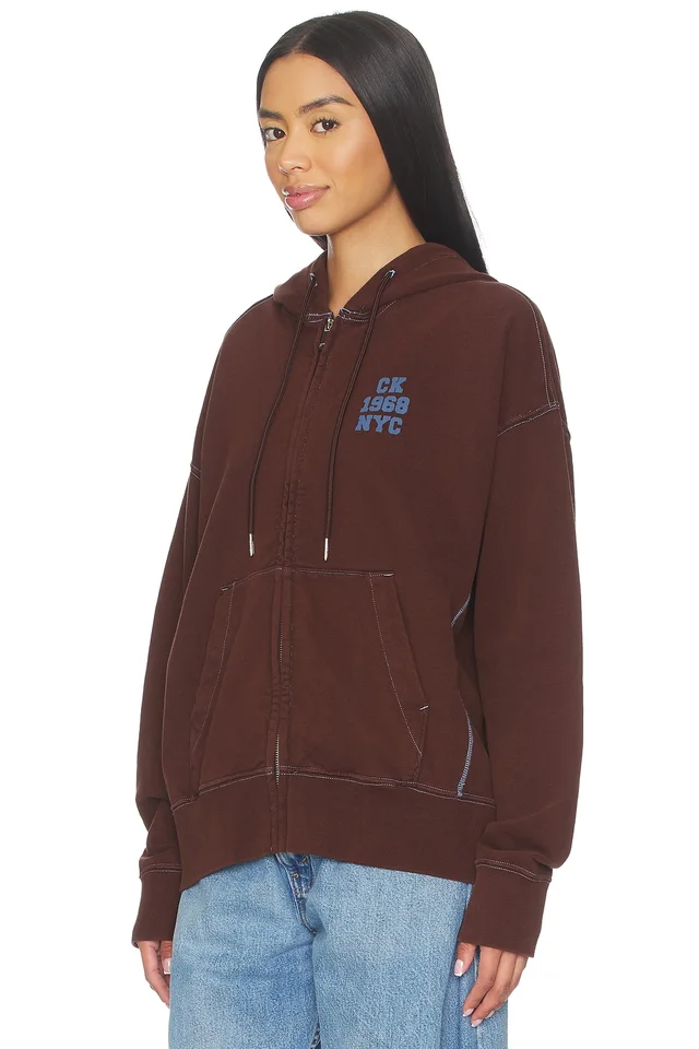 Calvin Klein Washed Premium Vintage Logo Zip Hoodie in Rich Brown, photo 3 of 4 from REVOLVE (Canada)