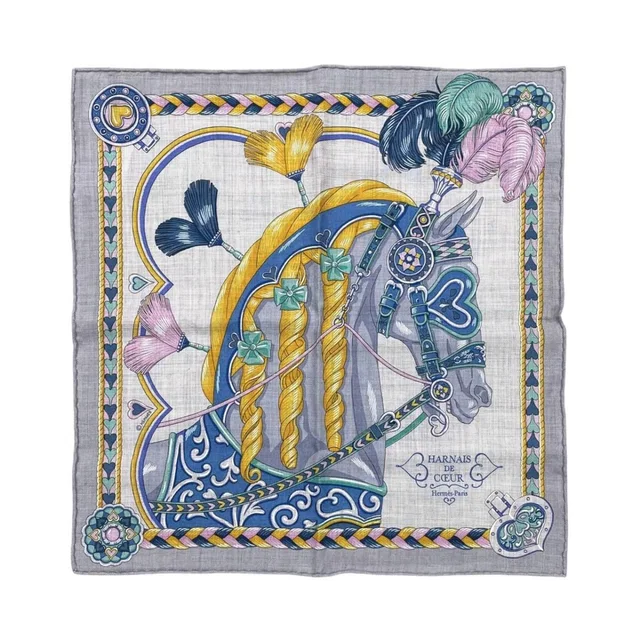 Hermès Scarf Carre Gavroche 45 Arne de Coeur 12 Cashmere Silk Gricine Rose Blue in Blue Silk from The Reluxe