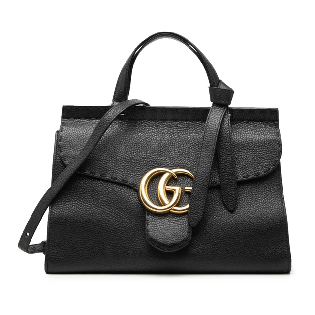 Black Gucci Small GG Marmont Grained Calfskin Top Handle Satchel in Black Caviar leather from Designer Revival