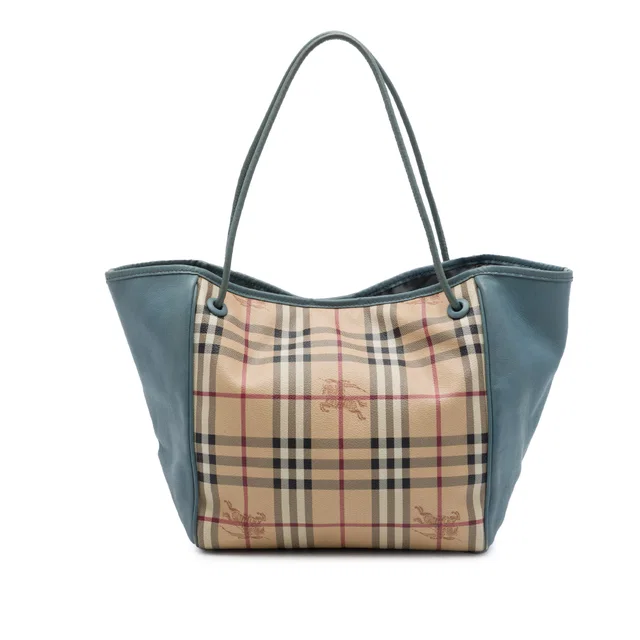 Blue Burberry Small Haymarket Check Coated Canvas and Calfskin Canterbury Tote in Blue Calfskin from Designer Revival