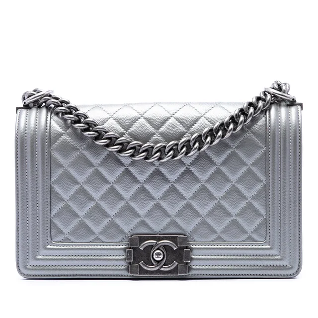Silver Chanel Old Medium Quilted Metallic Caviar Boy Flap Crossbody Bag in Silver Caviar leather from Designer Revival
