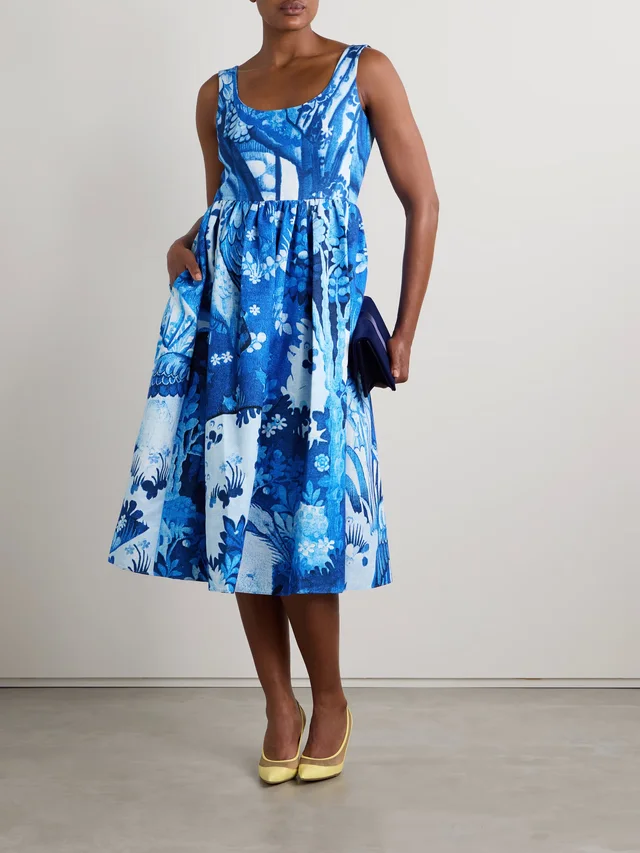 ERDEM Gathered floral-print cotton-blend faille midi dress in Blue, photo 2 of 2 from NET-A-PORTER (Canada)