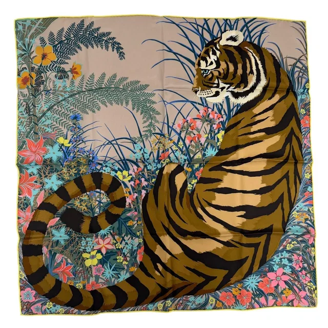 Hermès Carre 70 Tiger Silk 100% Beige Sundre Brown Multicolor Scarf in Brown Silk from The Reluxe