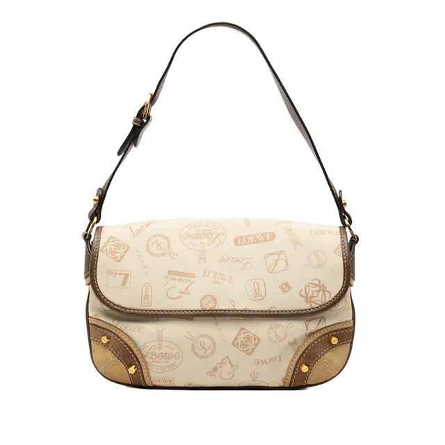Brown LOEWE 160th Anniversary Suede Trimmed Canvas Flap Shoulder Bag in Brown Suede from Designer Revival
