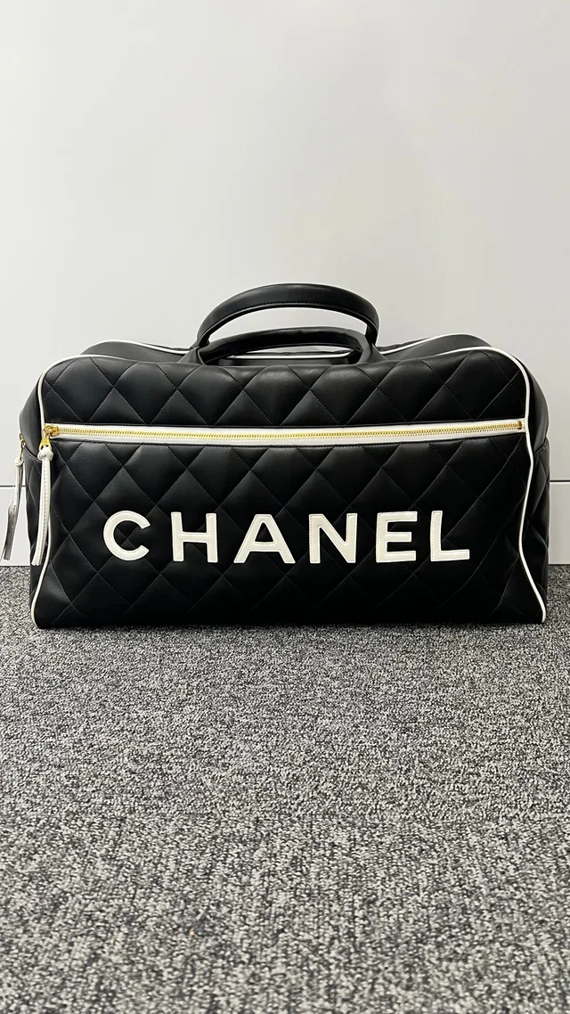 Chanel Matelasse Boston Bag Calf White×Black G Handle Base Cut Small in Black from Luxury Promise