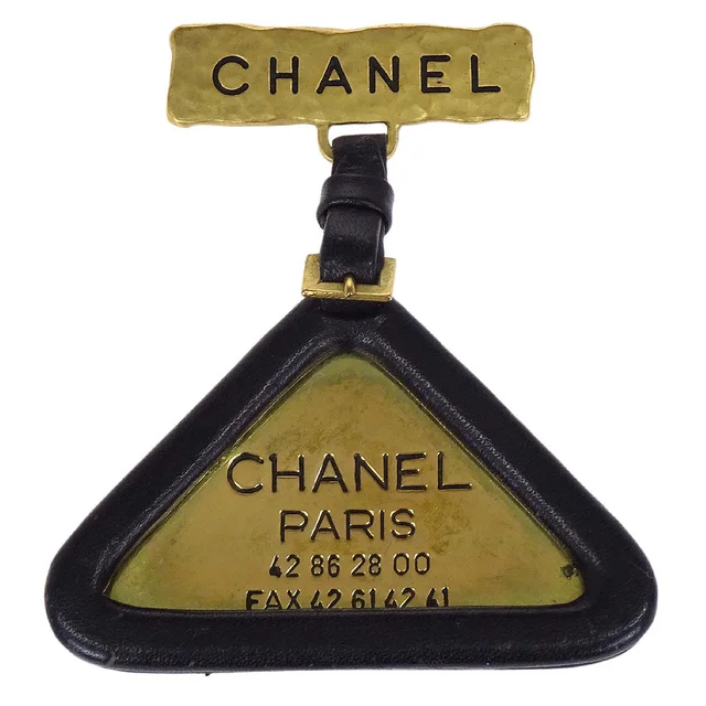 Chanel Triangle Dangle Brooch Pin Gold Black 94A in Black Leather from AMORE Vintage Tokyo