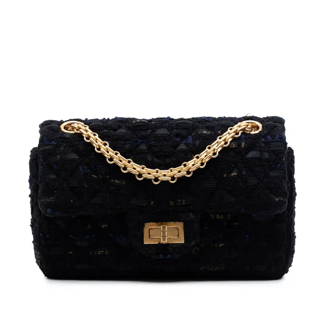 Black Chanel Quilted Tweed Reissue 2.55 Single Flap 224 Shoulder Bag in Black Tweed from Designer Revival