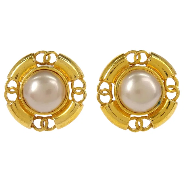 Chanel Costume Pearl Button Clip-On Earrings Gold 93P in Gold from AMORE Vintage Tokyo