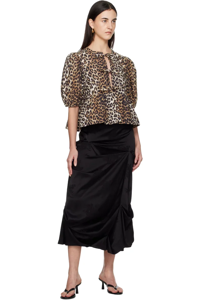 GANNI Tan Leopard Cotton Poplin Peplum Tie Blouse, photo 4 of 4 from SSENSE