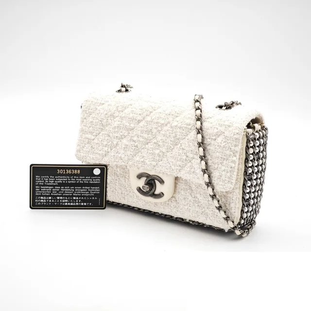Chanel Tweed Single Flap Shoulder Bag Pearl White in White Tweed from The Reluxe