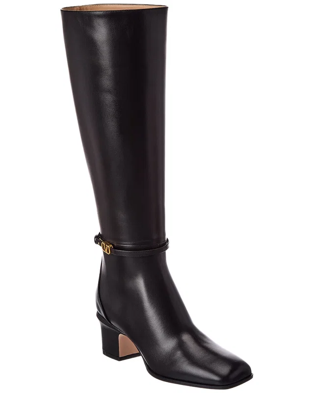 Valentino VLogo Leather Knee-High Boot in Black, image 1 of 1 from Gilt