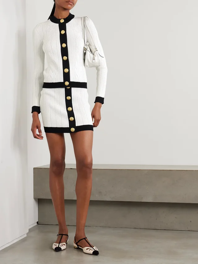 BALMAIN Button-embellished two-tone ribbed-knit mini skirt in White, photo 2 of 2 from NET-A-PORTER (Canada)