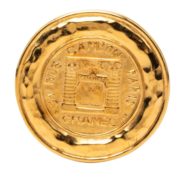 Gold Chanel Gold Plated 31 Rue Cambon Round Brooch in Gold from Designer Revival