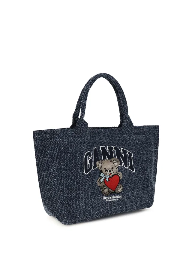 GANNI Embroidered Teddy Bear Denim Tote Bag — Navy Cotton in Navy Denim from HEWI