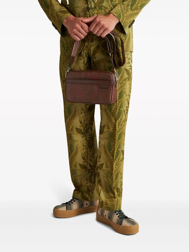 Etro Paisley Jacquard Cotton & Calfskin Shoulder Bag — Brown in Brown Calfskin from HEWI