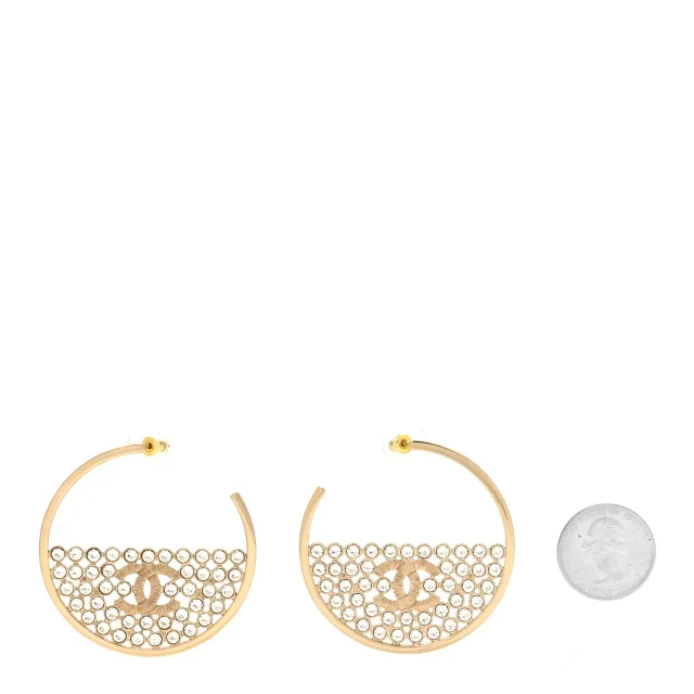Chanel Metal Strass Crystal CC Hoop Earrings Light Gold in Gold Woven leather from FASHIONPHILE, photo 2 of 5