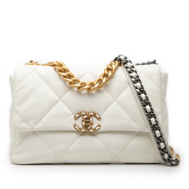 White Chanel Large Lambskin 19 Flap Satchel in White Lambskin from Designer Revival