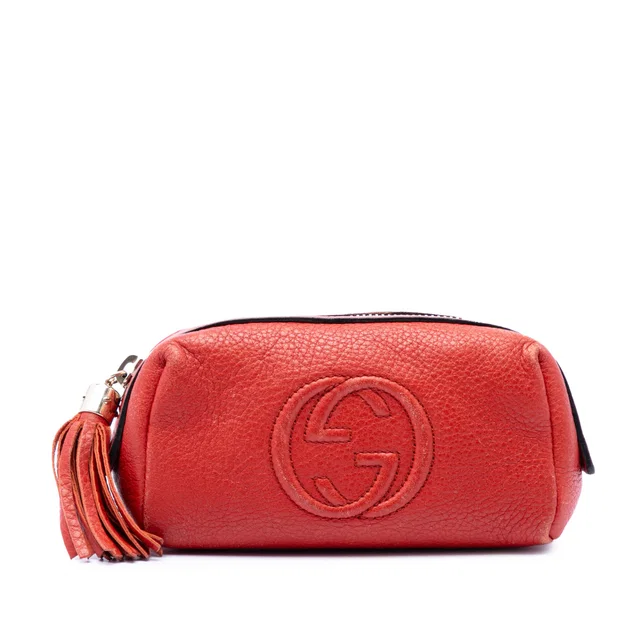 Red Gucci Pebbled Calfskin Soho Cosmetic Pouch in Red Calfskin from Designer Revival