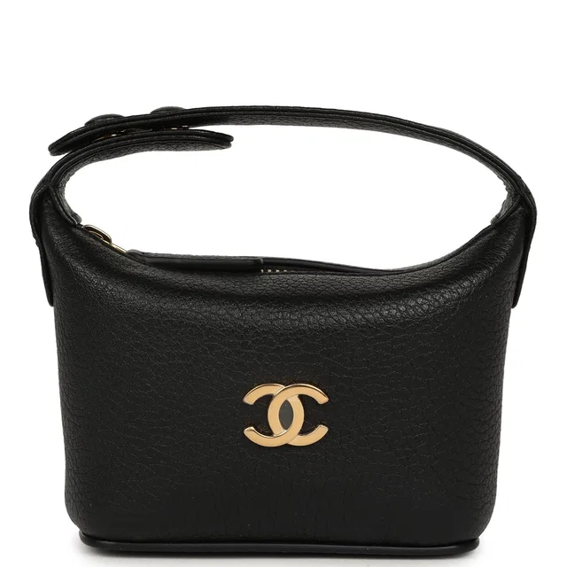 Chanel Micro Top Handle Round Hobo Pouch Black Grained Calfskin Gold Hardware in Black Caviar leather from Madison Avenue Couture