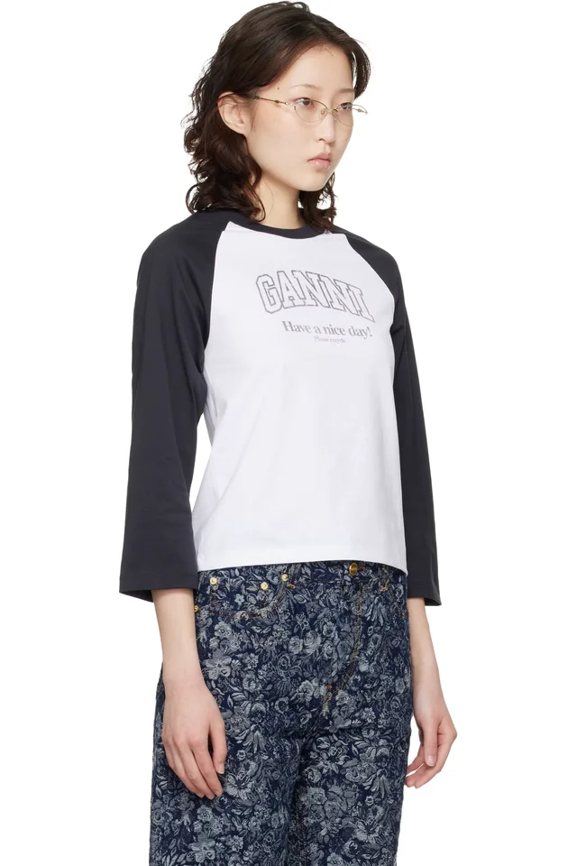 GANNI White & Black Basic Jersey Baseball T-shirt, photo 2 of 4 from SSENSE