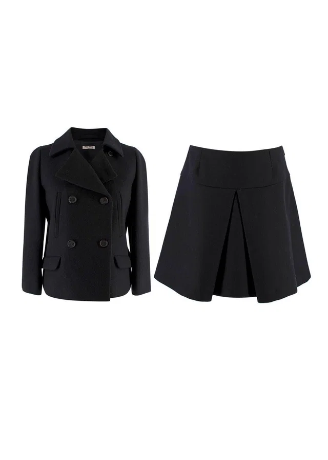 Miu Miu Black Wool Blend Double Breasted Jacket & A-line Mini Skirt in Black Wool from HEWI