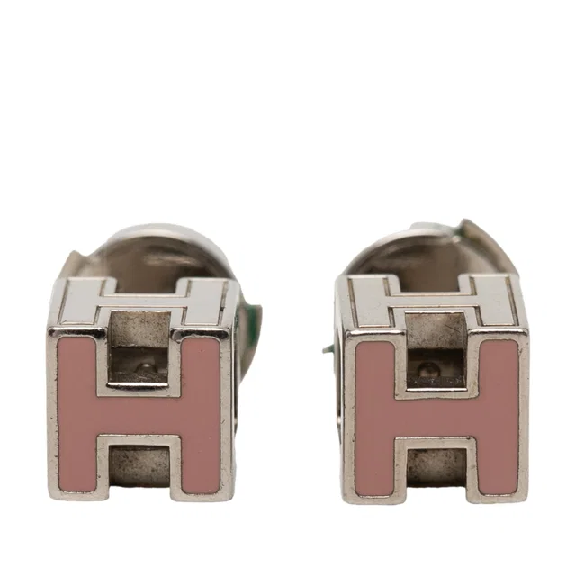 Pink Hermès Palladium Plated Enamel Cage D H Push Back Earrings in Pink from Designer Revival, photo 1 of 1