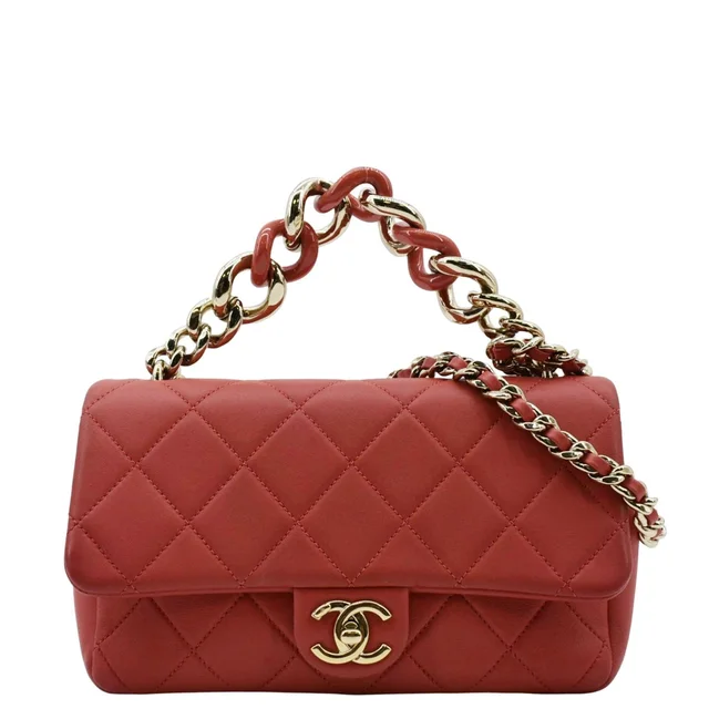 Chanel Resin Chain Flap Lambskin Quilted Leather Shoulder Bag Red in Red Lambskin from Dallas Designer Handbags
