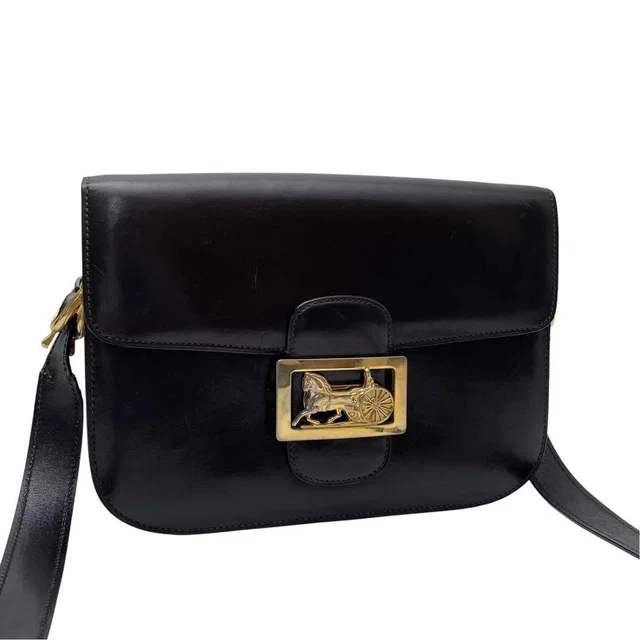 Celine Leather Carriage Logo Gold Shoulder Bag Dark Brown in Brown Leather from The Reluxe